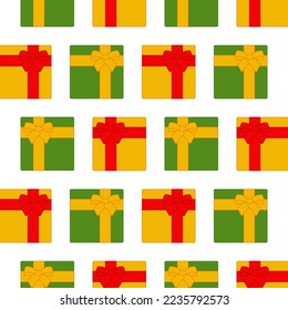 Seamless gift pattern with ribbons and bows on a white background. Surprise for the holiday. Gift boxes for Christmas and Birthday. Christmas present. Children's joy. Vector illustration