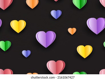 Seamless gift wrapping and wallpaper colorful hearts (colors of pride flag and LGBT right) in papercut style isolated on black background. 