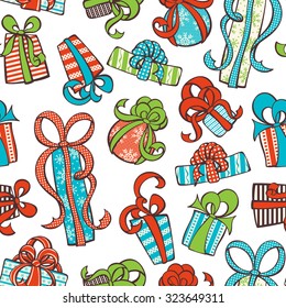 Seamless gifts pattern. Various hand-drawn gifts on white background. Boundless texture can be used for web page backgrounds, wallpapers, wrapping papers, congratulations and festive designs. 