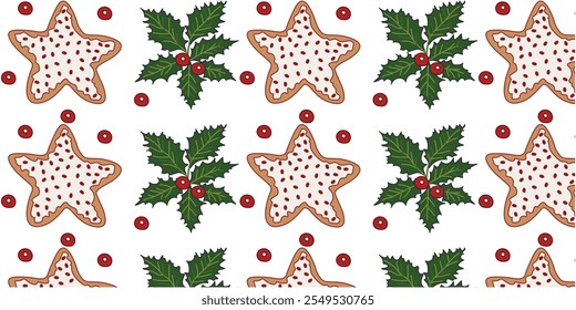 Seamless gingerbread background with icing in the form of a star and a holly branch. Vector illustration.