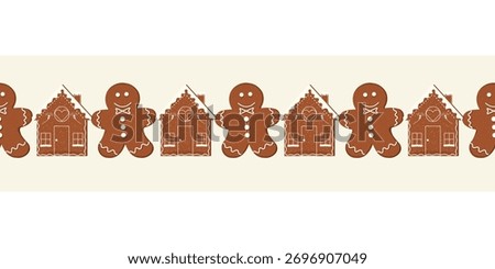 Seamless gingerbread border on beige. Flat design with cookie men and houses repeating pattern, Christmas decoration. Winter vector illustration for banners, cards, social media