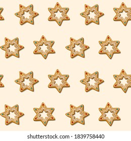 Seamless gingerbread christmas cookies star. Pattern white background