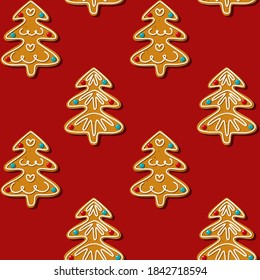 Seamless gingerbread christmas tree cookie. Pattern, red background
