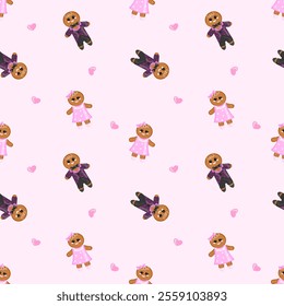 Seamless gingerbread cookie pattern with a boy, girl, and pink hearts on a soft pink background. Perfect for holiday designs and decor.