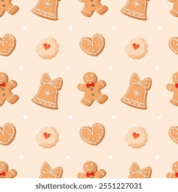 A seamless gingerbread cookie pattern featuring festive shapes like snowflakes, Christmas bells, and  gingerbread men, adorned with delicate icing.