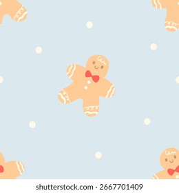 Seamless Gingerbread Man Cookie Pattern on Blue Background