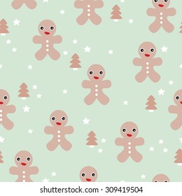 Seamless gingerbread man little kids illustration for the holidays with christmas trees and stars in pastel background pattern in vector