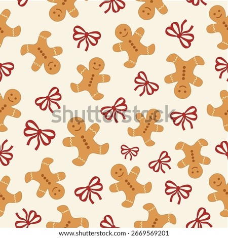Seamless gingerbread men on cream with bows. Cozy Christmas pattern for wrapping, textiles, cards, and bakery branding.