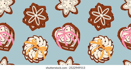 Seamless gingerbread pattern. Chocolate gingerbread cookies with decorations and milk cream. Gingerbread cookies with bows on a blue background. Pastries, cream, sweets, chocolate, decorations. Sweet