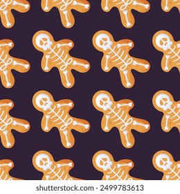 Seamless gingerbread skeleton pattern created especially for Halloween celebrations. Vector illustration for cafe, menu, wallpaper, fabric, wrapping, background