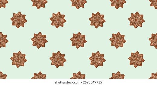Patrón de copos de nieve de jengibre sin costuras en verde claro. Diseño plano de Navidades de galletas de cristal de nieve repitiendo fondo. Ilustración vectorial de invierno para el menú, paquete, textil