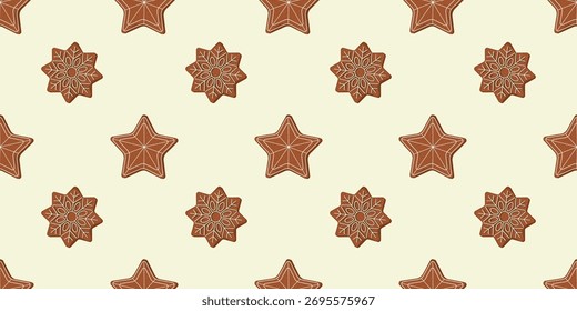 Patrón de copos de nieve y estrellas de pan de jengibre sin costuras. Diseño plano de galletas de Navidad sobre fondo amarillo claro, repitiendo textura. Ilustración vectorial de invierno para el paquete, textil, Anuncios