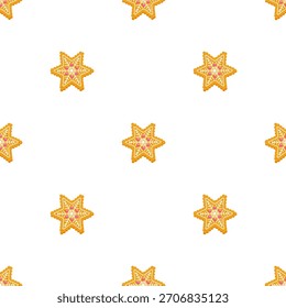 Estrella de jengibre sin costuras con patrón de Navidades de galletas de copo de nieve en blanco. Fondo festivo repetitivo de vacaciones, papel de regalo, tela, papelería. Ilustración vectorial editable.