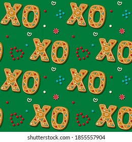 Seamless Gingerbread XO Phrase Cookie. Christmas Kiss And Hug. Pattern,green Background. Festive Homemade Sweets. Vector