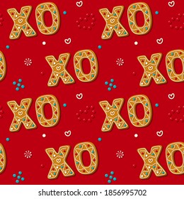 Seamless Gingerbread XO Phrase Cookie. Christmas Kiss And Hug. Pattern, Red Background. Festive Homemade Sweets. Vector