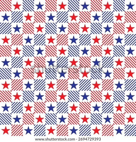 Seamless Gingham Check Patriotic Pattern with Diagonal Stripes and Alternating Stars. fabric pattern