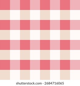 Seamless gingham check pattern with soft pink, beige, and white colors. Classic picnic, farmhouse, or rustic style for tablecloths, curtains, fashion, and general backgrounds.