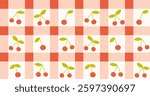 Seamless gingham cottage core pattern with cute cherries. Tile childish background. Hand drawn vector illustration. Coquette core wrapping paper, social media banner, vintage wallpaper.