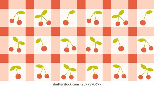Seamless gingham cottage core pattern with cute cherries. Tile childish background. Hand drawn vector illustration. Coquette core wrapping paper, social media banner, vintage wallpaper.