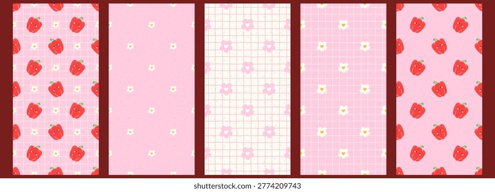 Seamless gingham flower and daisy pastel pattern for spring. Cute plaid or check floral design through vector geometric. Shapes heart and chequered graphic elements for retro.