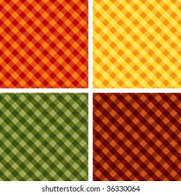 Seamless Gingham, Harvest colors, Cross weave check background pattern designs: Pumpkin, Gold, Russet, Green. EPS includes 4 pattern swatches that will seamlessly fill any shape.