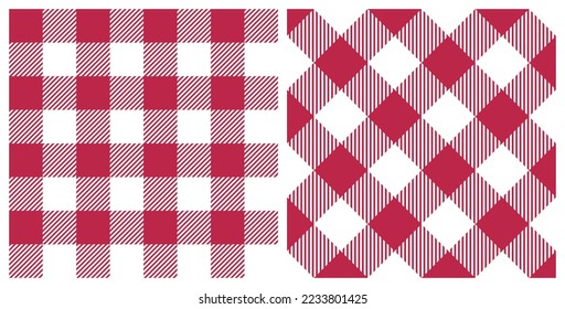 Seamless gingham pattern background. Trend color of the year 2023 Viva Magenta. Design texture elements for fabric, tile, banner, template, card, cover, poster, backdrop, wall. Vector illustration.