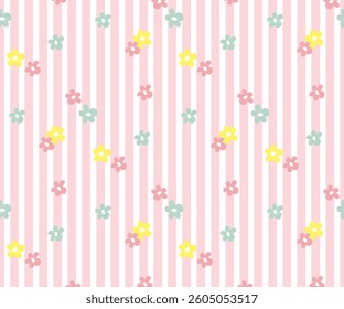 Seamless gingham pattern with pastel flowers on striped background. Soft pink, yellow, and green tones in delicate design. For fabric, wallpaper, stationery, and wrapping