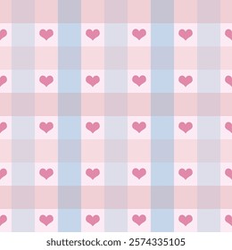 Seamless gingham pattern with pink hearts on a pastel pink, blue, and white checkered background. Perfect for Valentine's Day, romantic designs, baby shower themes, or fabric prints. Vector. Seamless.