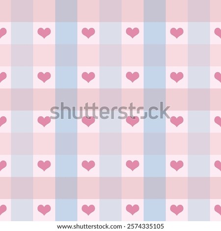 Seamless gingham pattern with pink hearts on a pastel pink, blue, and white checkered background. Perfect for Valentine's Day, romantic designs, baby shower themes, or fabric prints. Vector. Seamless.