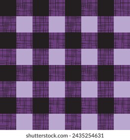 Seamless gingham pattern. Repeating checkered vector print with textured black lines on a purple background. Apparel textile pattern.
