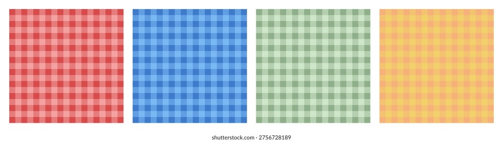 A seamless gingham pattern set. Vichy checkered background in red, blue, green, yellow colors