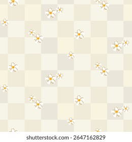 Seamless gingham pattern with small white flowers on soft beige checkered background. Minimal and delicate design for spring or kitchen textiles, baby clothes, or decor projects. Vector illustration