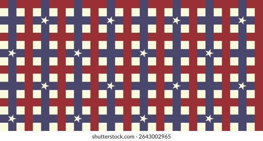 Padrão de gingham sem costura em vermelho vintage e azul silenciado, inspirado no clássico americano para 4 de julho. Fundo quadriculado sutil no layout básico e diagonal. Perfeito para temas de piquenique rústico