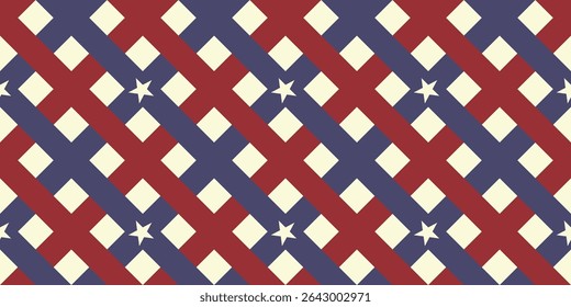 Padrão de gingham sem costura em vermelho vintage e azul silenciado, inspirado no clássico americano para 4 de julho. Fundo quadriculado sutil no layout básico e diagonal. Perfeito para temas de piquenique rústico