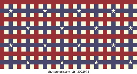 Padrão de gingham sem costura em vermelho vintage e azul silenciado, inspirado no clássico americano para 4 de julho. Fundo quadriculado sutil no layout básico e diagonal. Perfeito para temas de piquenique rústico