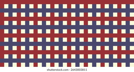Padrão de gingham sem costura em vermelho vintage e azul silenciado, inspirado no clássico americano para 4 de julho. Fundo quadriculado sutil no layout básico e diagonal. Perfeito para temas de piquenique rústico, artesanato