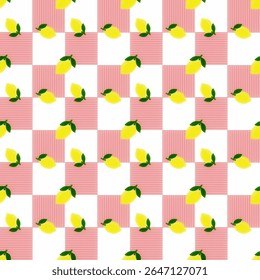 Seamless gingham pattern with white and pink combined with lemon fruit. Pattern for fabric design, wallpaper, cloth, or digital background