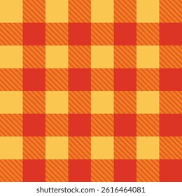A seamless gingham plaid vector pattern in warm yellow and orange tones. This checkered design features alternating solid and striped squares, giving it a retro and cozy fabric feel. Ideal for textile