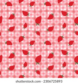 Seamless gingham with strawberries, wrapping paper