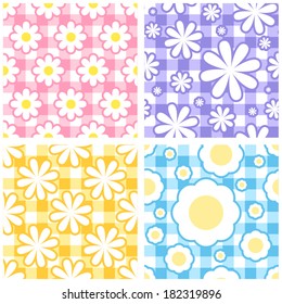 Seamless gingham tablecloth background set with flowers