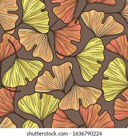 Seamless ginkgo biloba autumn leaf pattern. Hand drawn vector illustration	