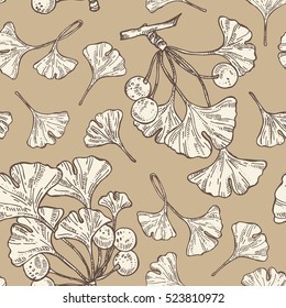 Seamless with ginkgo leaves. Cosmetics and medical plant. hand drawn.