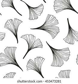 Seamless ginkgo leaves pattern, black and white leaves illustration