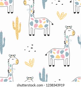 Seamless giraffe pattern, cactus and tropical flowers. Vector illustration handmade for printing on t-shirts, bed linen, children's clothing and utensils. Cute baby background.