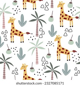 Seamless giraffe pattern with giraffe, coconut tree, grass, cactus, abstract triangles. Black dots on a white background.Use for wallpaper, textiles, children's shirts and prints.