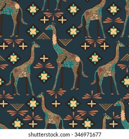 Seamless giraffe pattern made from flowers, leaves in the bohemian style. Animal print. Arabic, indian, asian motive for background, wallpaper, pattern fills, wrapping paper, fabric, etc. Vector