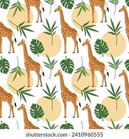 Seamless giraffe pattern. Monstera and palm leaves, sun, giraffe. Savannah wild life for your design.
