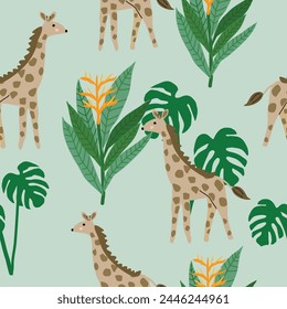 Seamless giraffe pattern with montera and heliconia on a green background, suitable for wallpaper, textiles and prints.