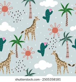 Seamless giraffe pattern with sun, clouds, cactus, coconut trees and black dots. Creative childish jungle texture. for fabric and textiles. Vector illustration.