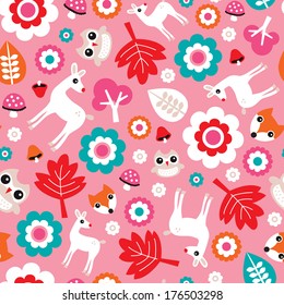 Seamless girl baby nursery woodland illustration background pattern in vector